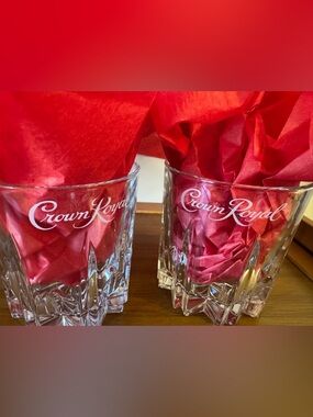 Crown Royal whiskey rocks glasses starburst-cut crystal design.